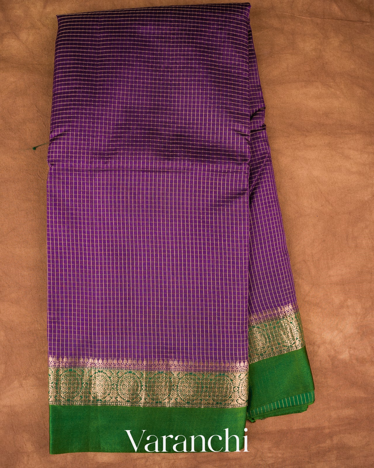 Purple Checkered Pure Katan Silk Saree