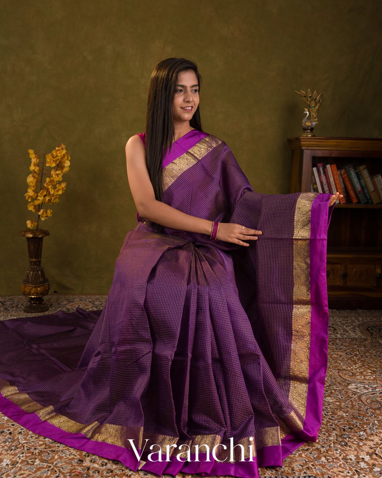 Purple Checkered Pure Katan Silk Saree
