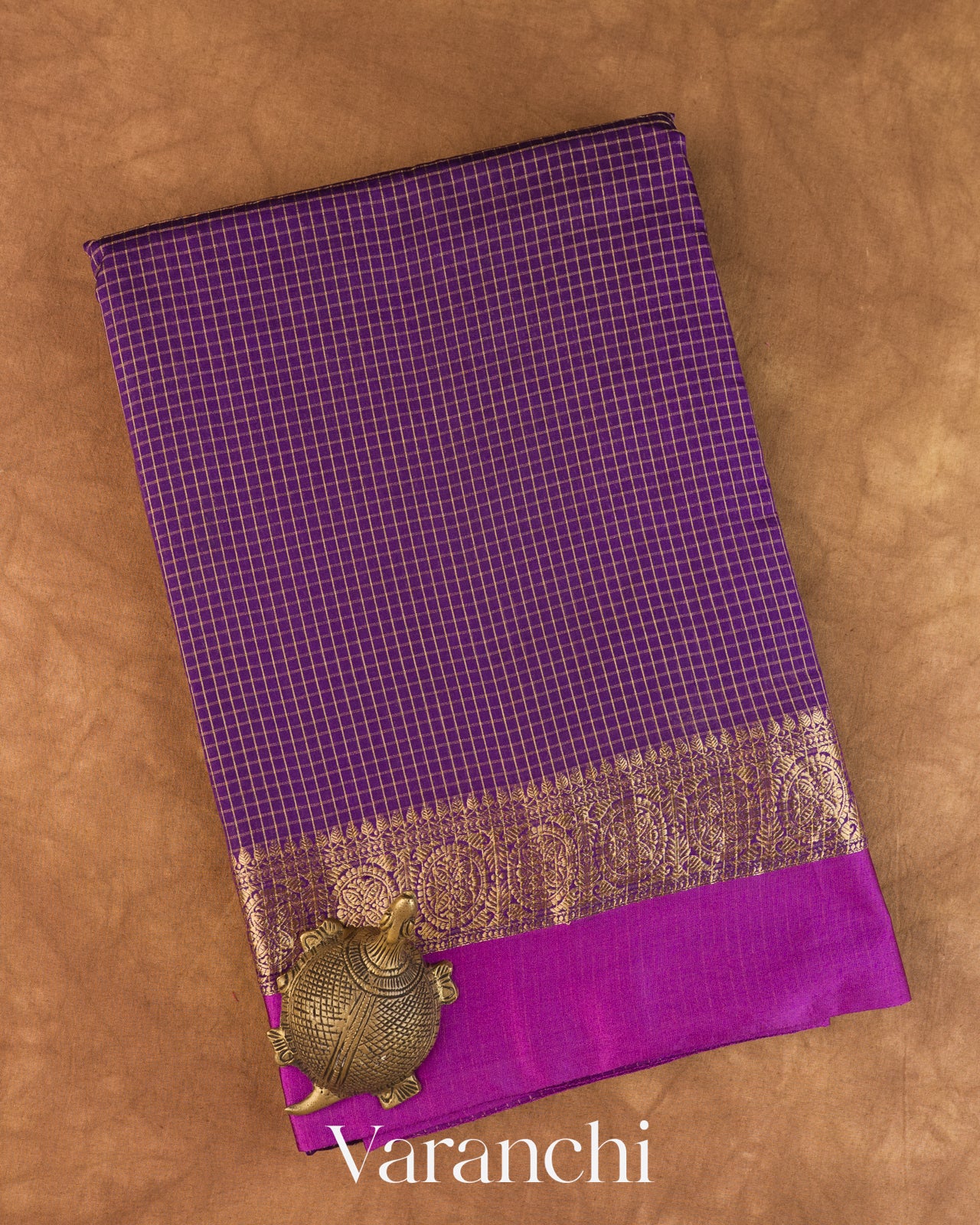Purple Checkered Pure Katan Silk Saree