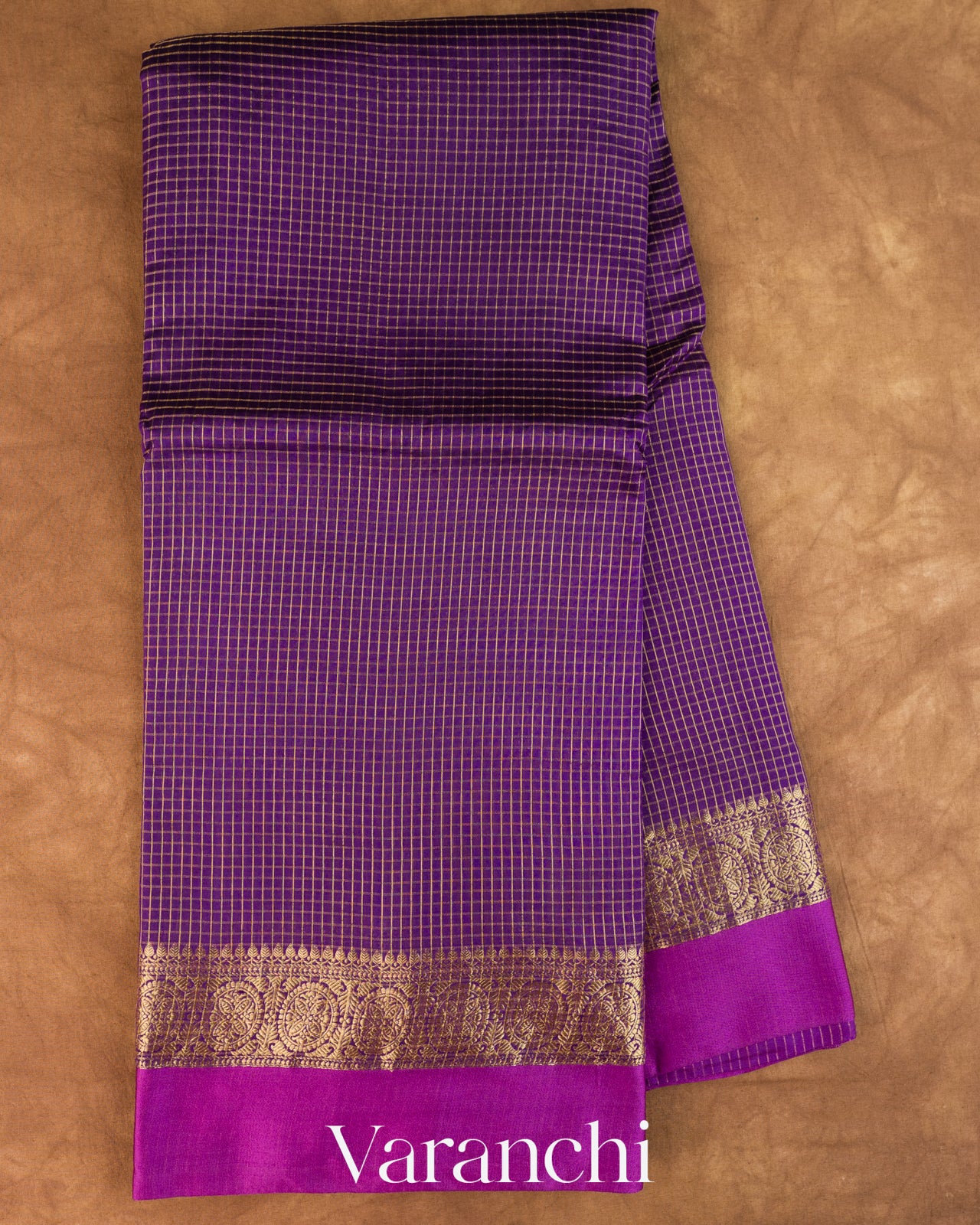 Purple Checkered Pure Katan Silk Saree