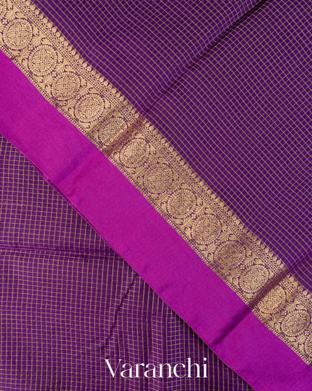 Purple Checkered Pure Katan Silk Saree