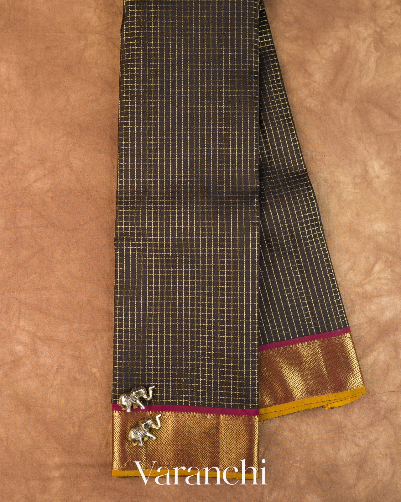 Black Checkered Pure Kanchipuram Silk Handloom Saree