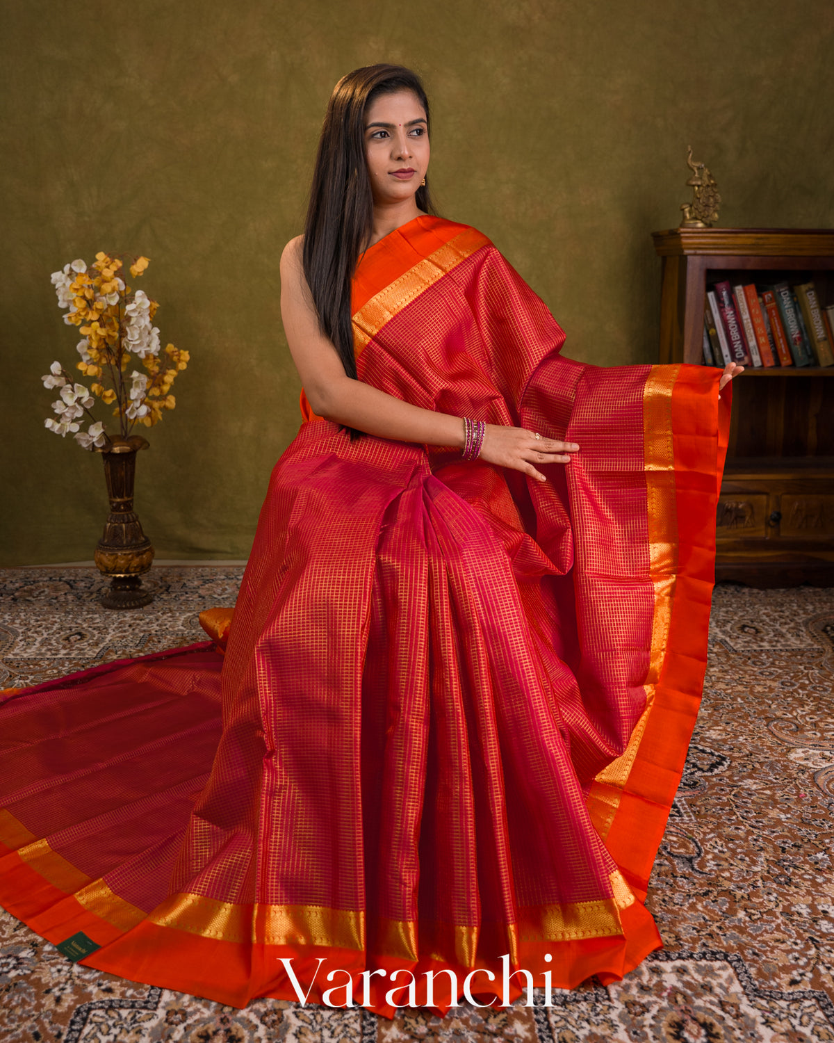 Rani Pink Checkered Pure Kanchipuram Silk Handloom Saree