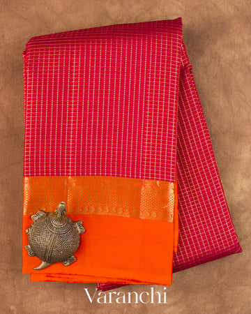 Rani Pink Checkered Pure Kanchipuram Silk Handloom Saree