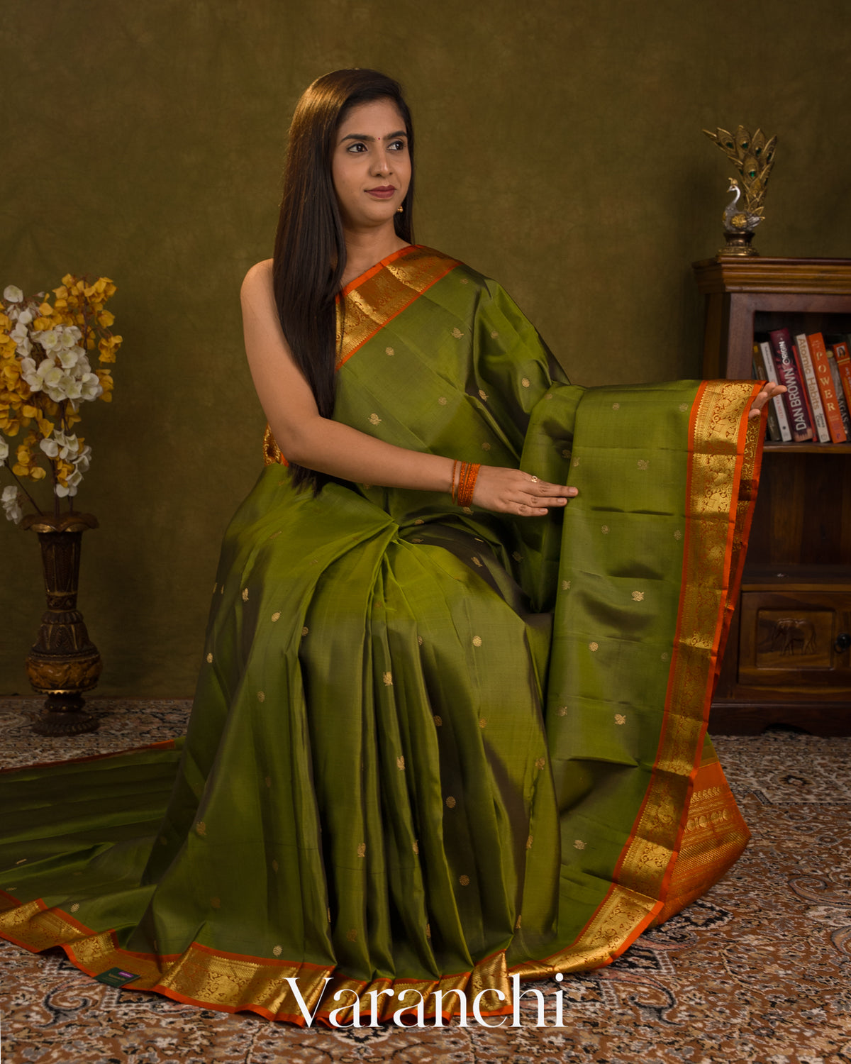 Olive Green Pure Kanchipuram Silk Handloom Saree
