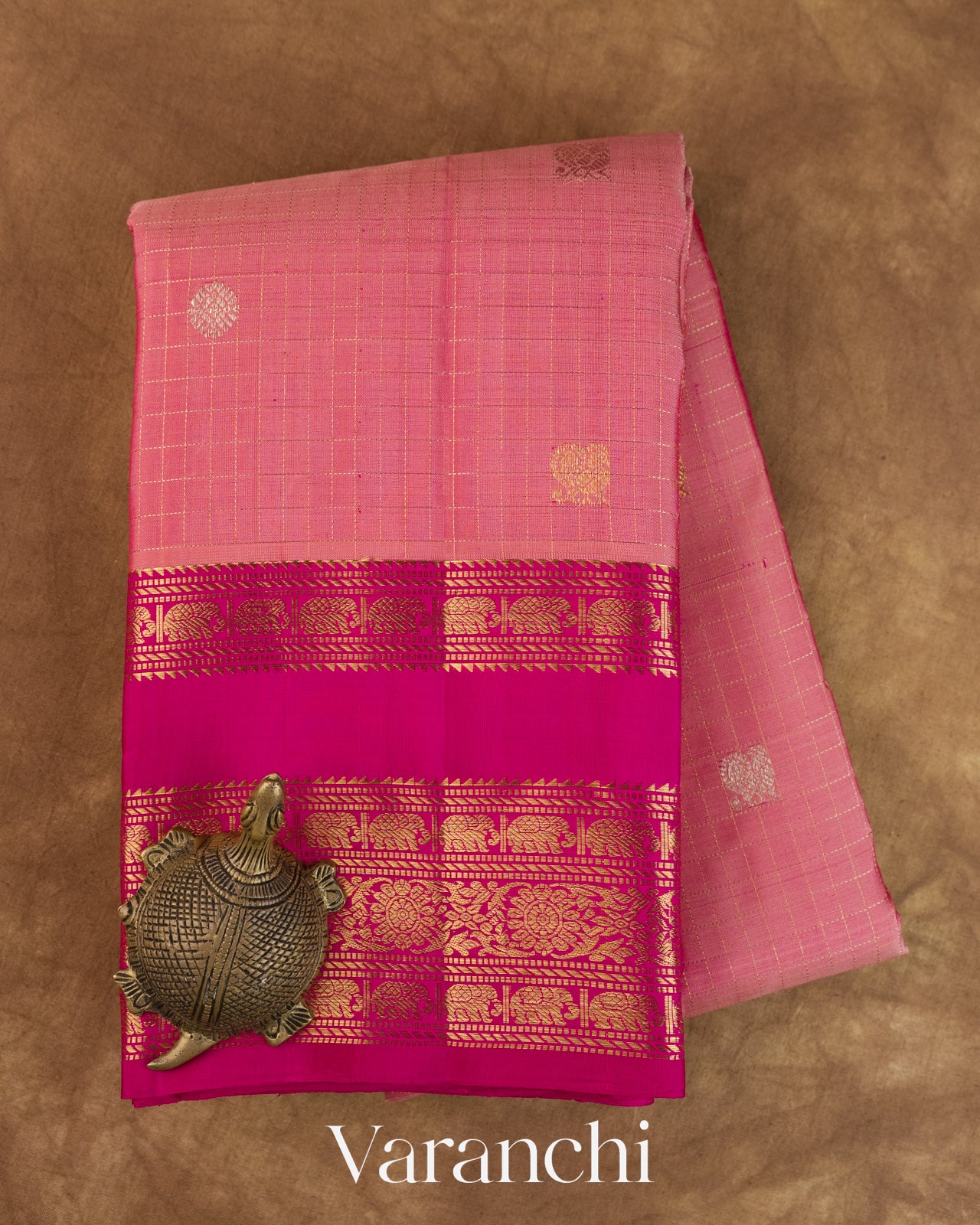 Blush Pink Checkered Pure Kanchipuram Silk Handloom Saree