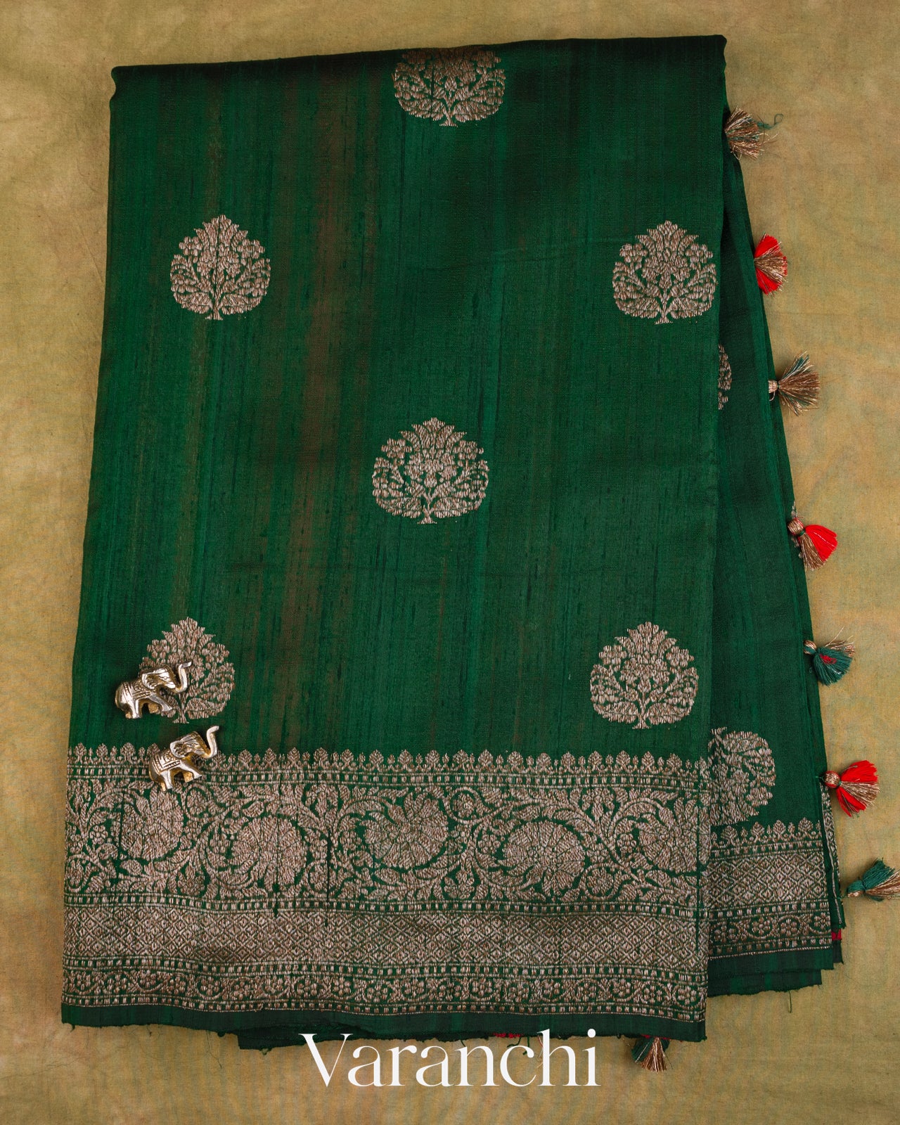 Bottle Green Pure Raw Silk Handloom Saree