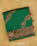 Bottle Green Floral Lehariya Pure Raw Silk Handloom Saree