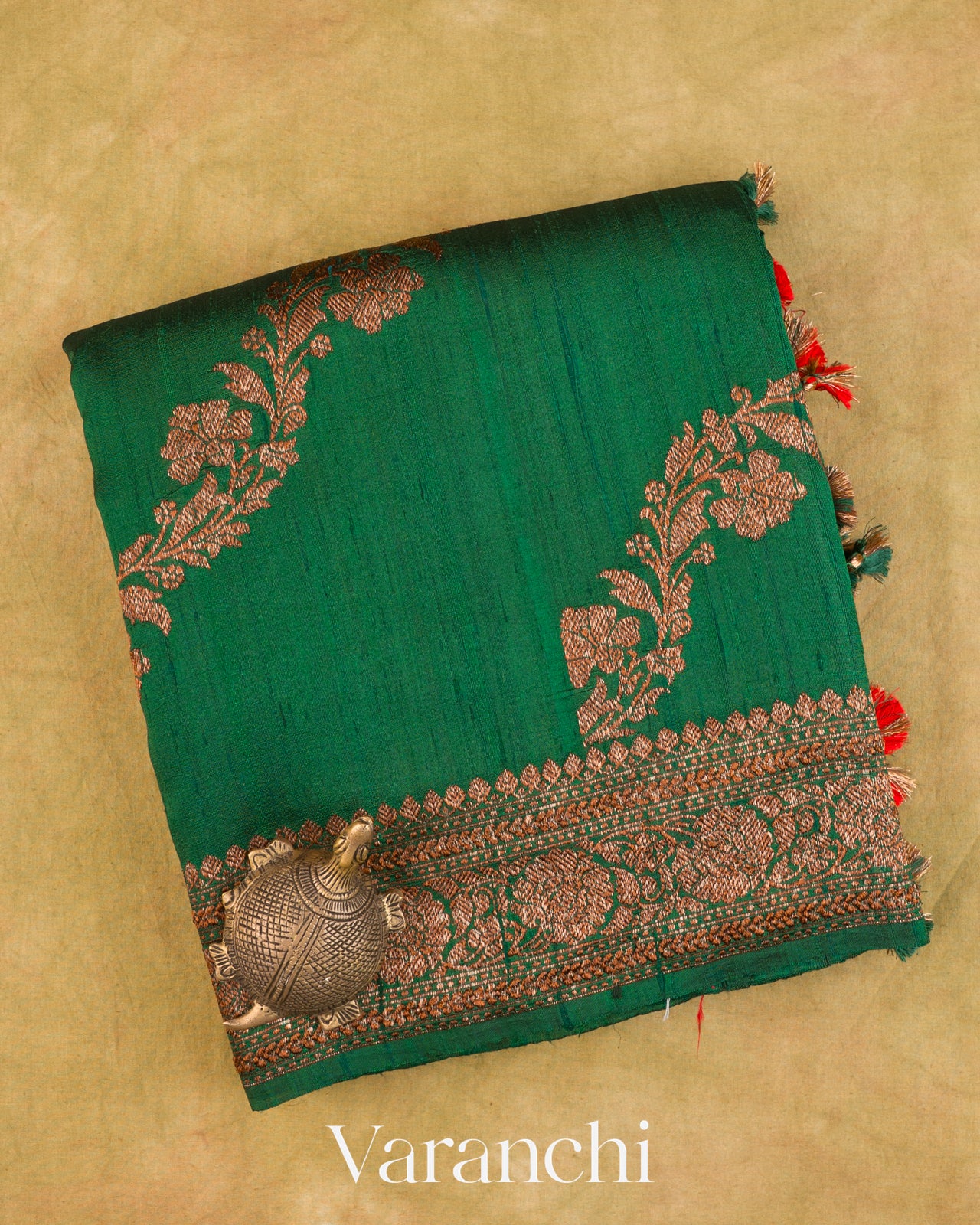 Bottle Green Floral Lehariya Pure Raw Silk Handloom Saree
