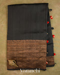 Jet Black Pure Raw Silk Handloom Saree