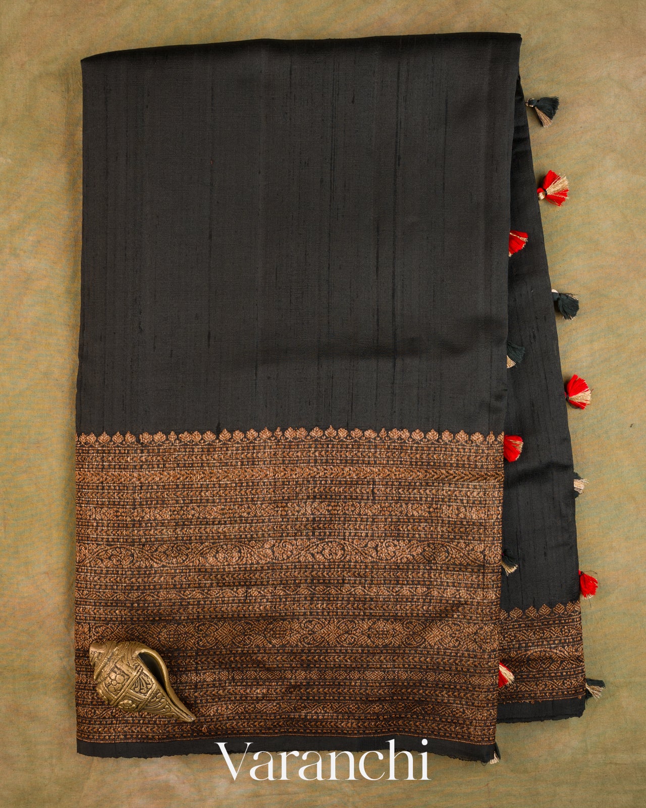 Jet Black Pure Raw Silk Handloom Saree