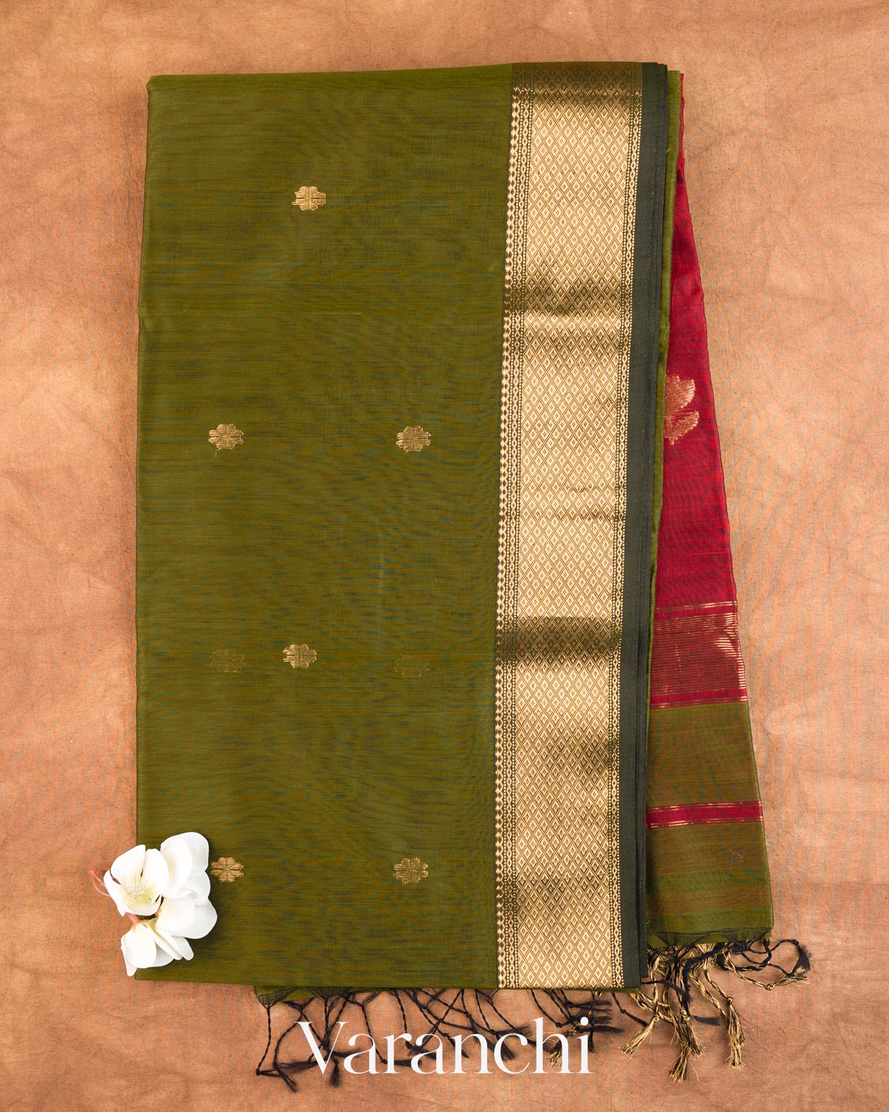 Olive Green Pure Maheshwari Silk Cotton Handloom Saree