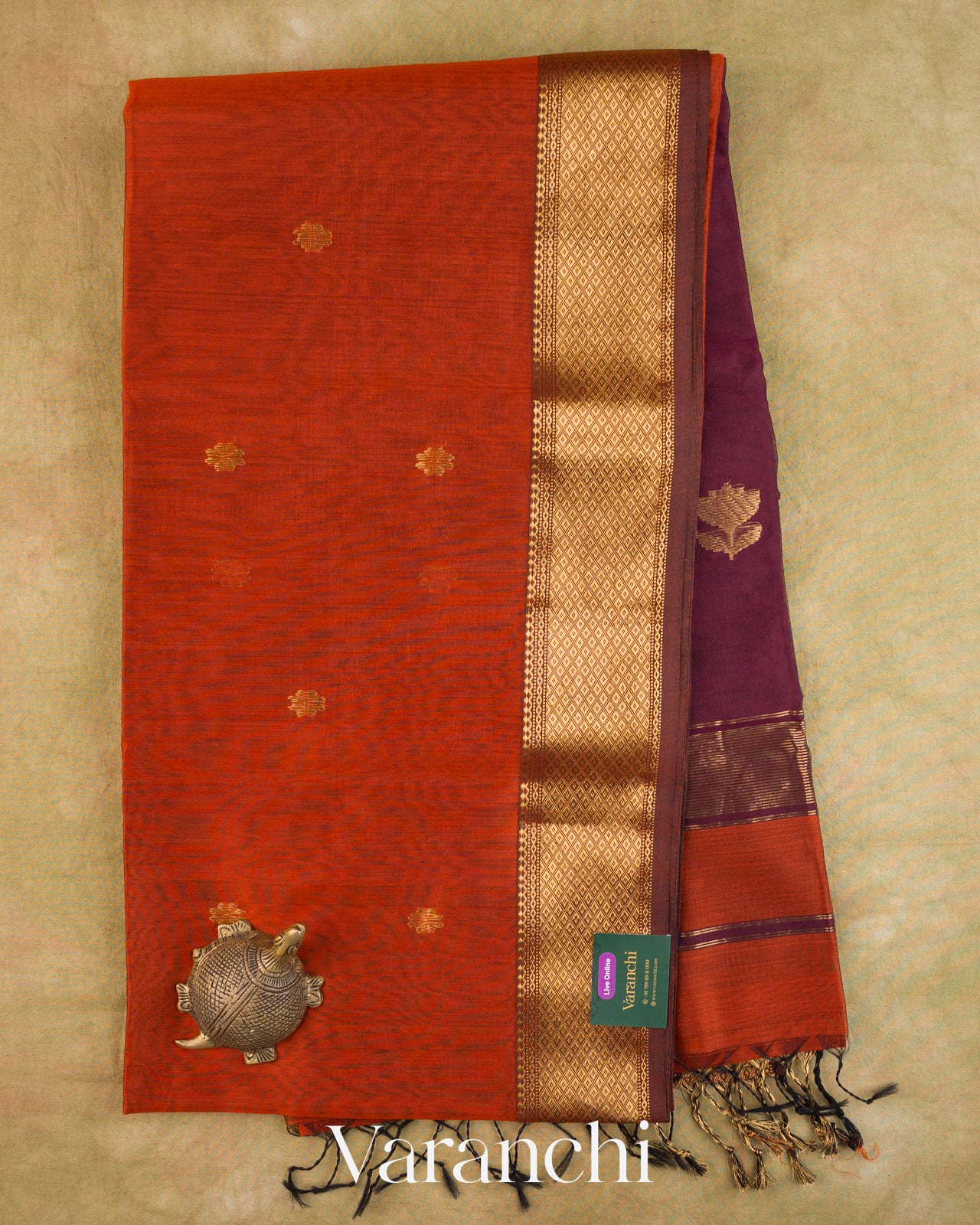 Rust Orange Pure Maheshwari Silk Cotton Handloom Saree