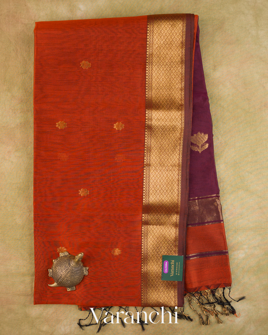 Rust Orange Pure Maheshwari Silk Cotton Handloom Saree — Full Saree