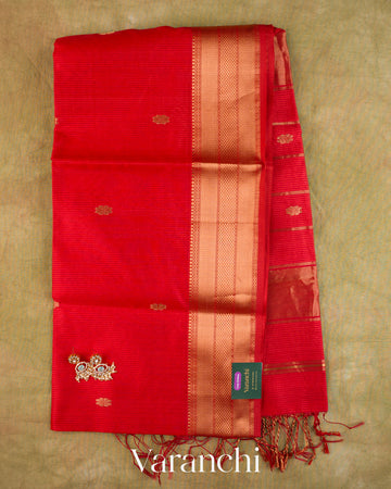 Tulip Red Pure Maheshwari Silk Cotton Handloom Saree