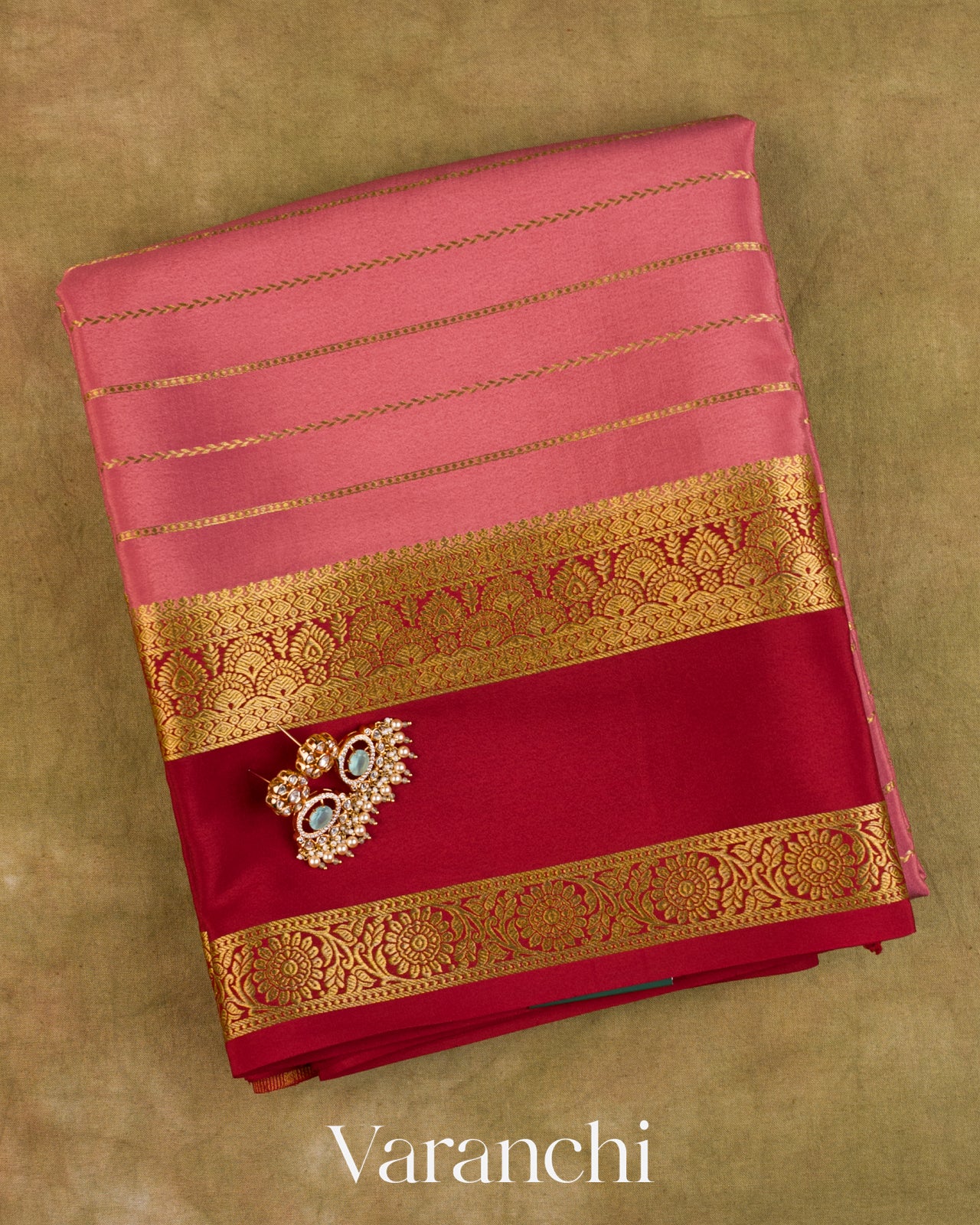 Dusty Rose Striped Pure Mysore Crepe Silk Saree