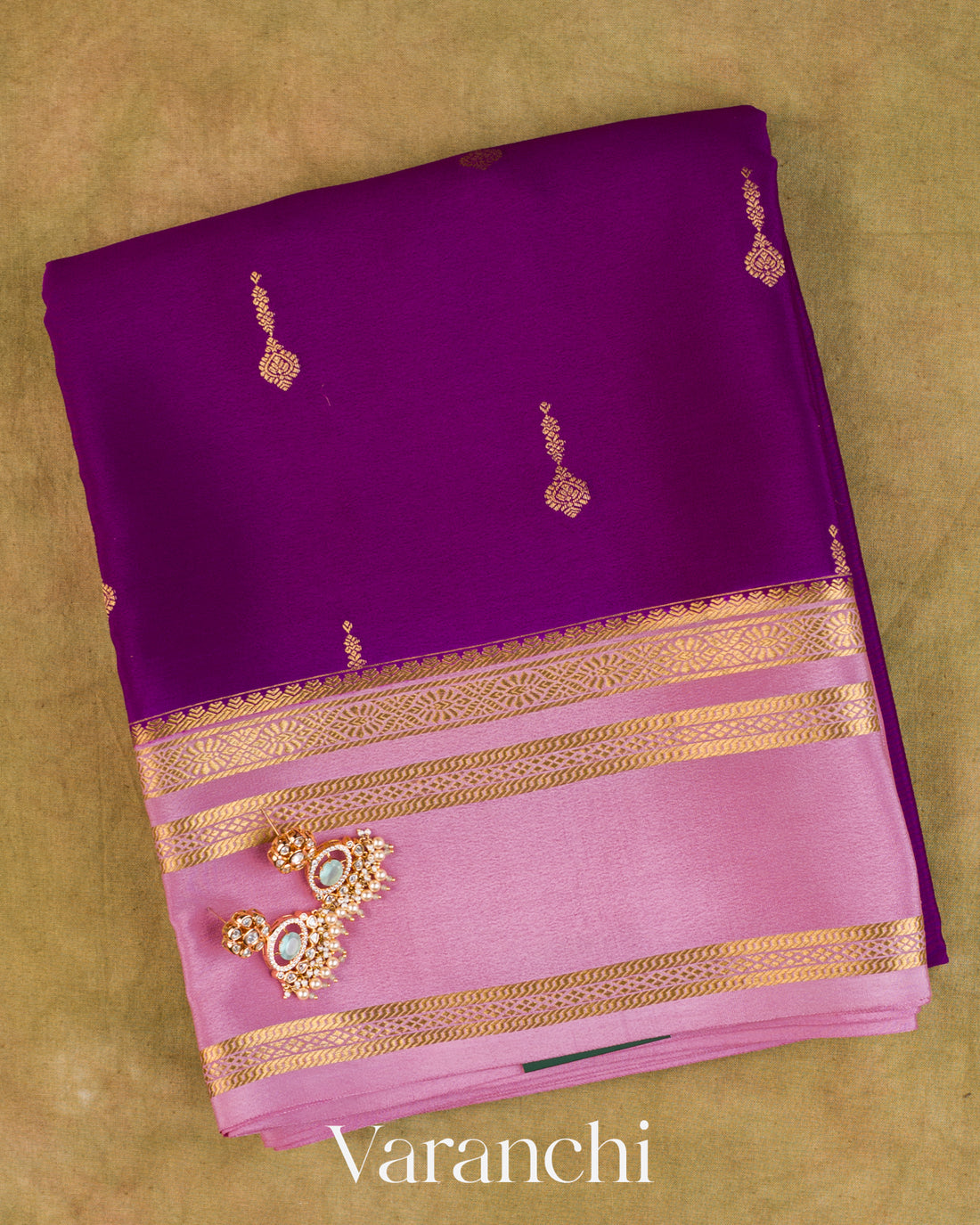 Deep Purple Pure Mysore Crepe Silk Saree — Folded