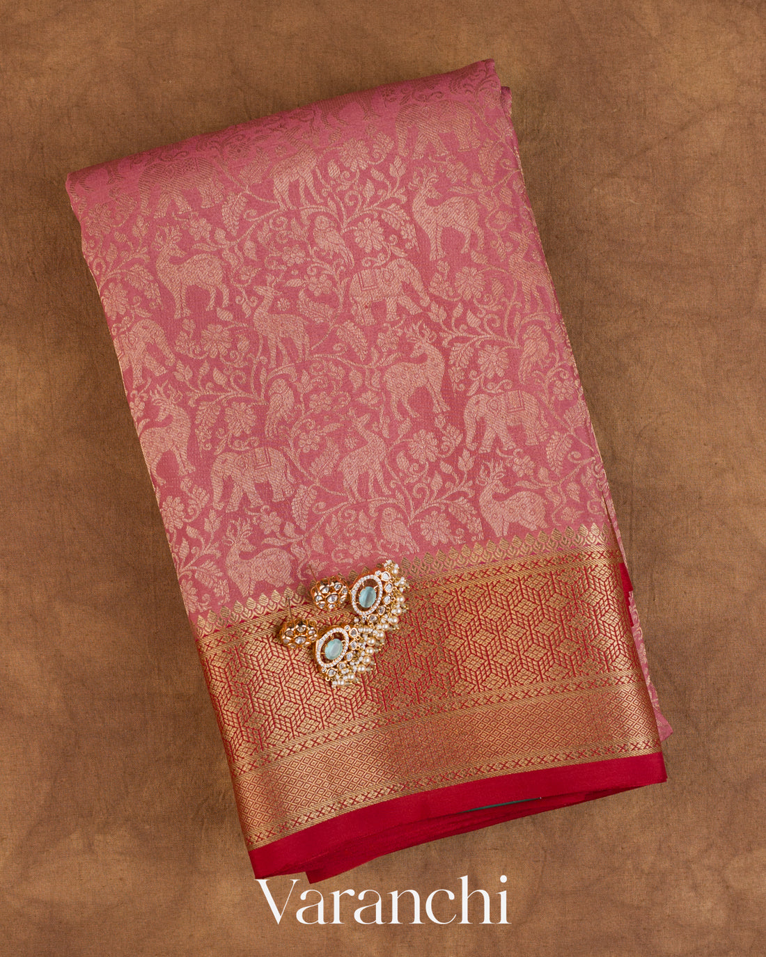 Dusty Rose Brocade Pure Mysore Crepe Silk Saree — Folded