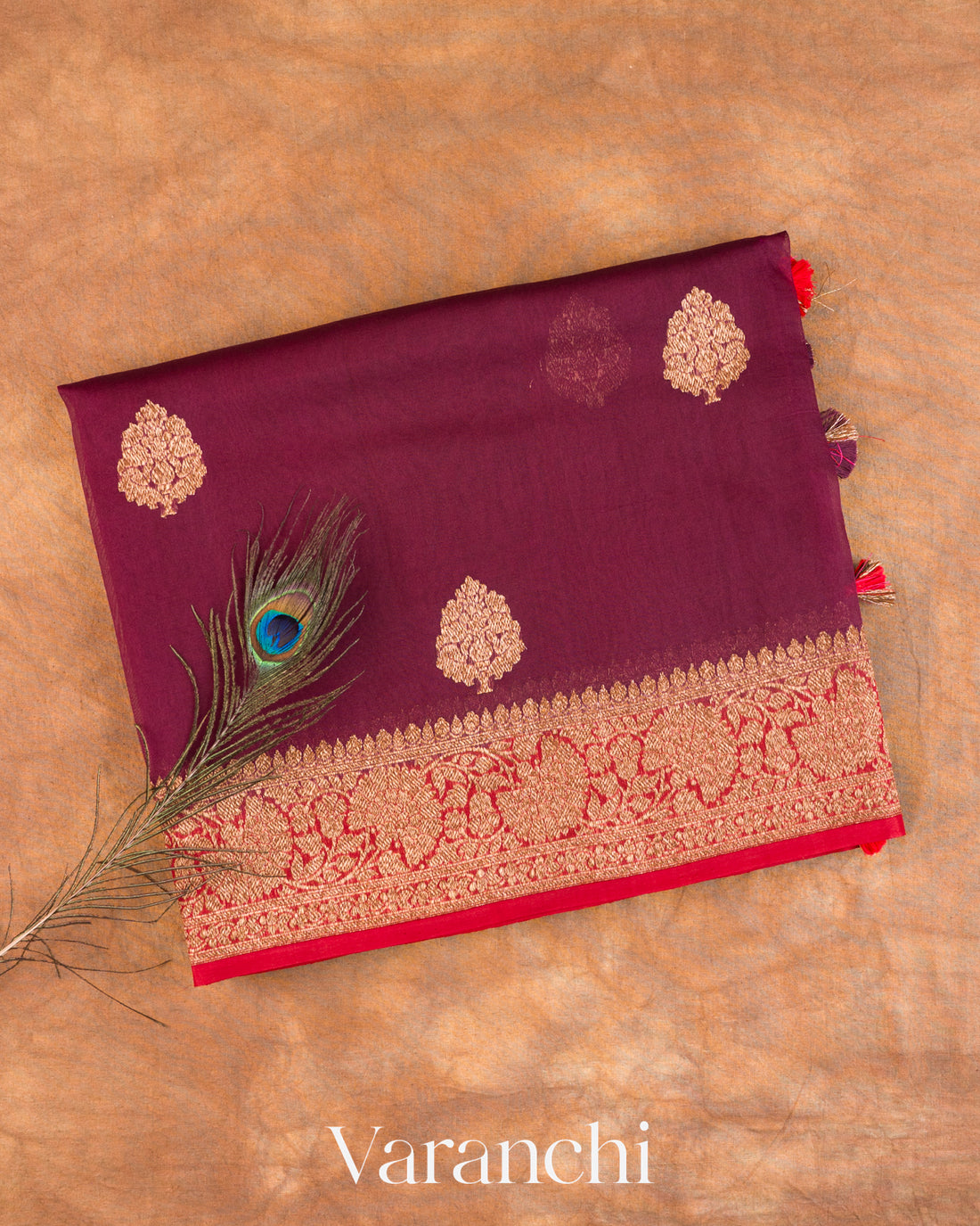 Wine Purple Pure Kora Silk Handloom Saree — Folded