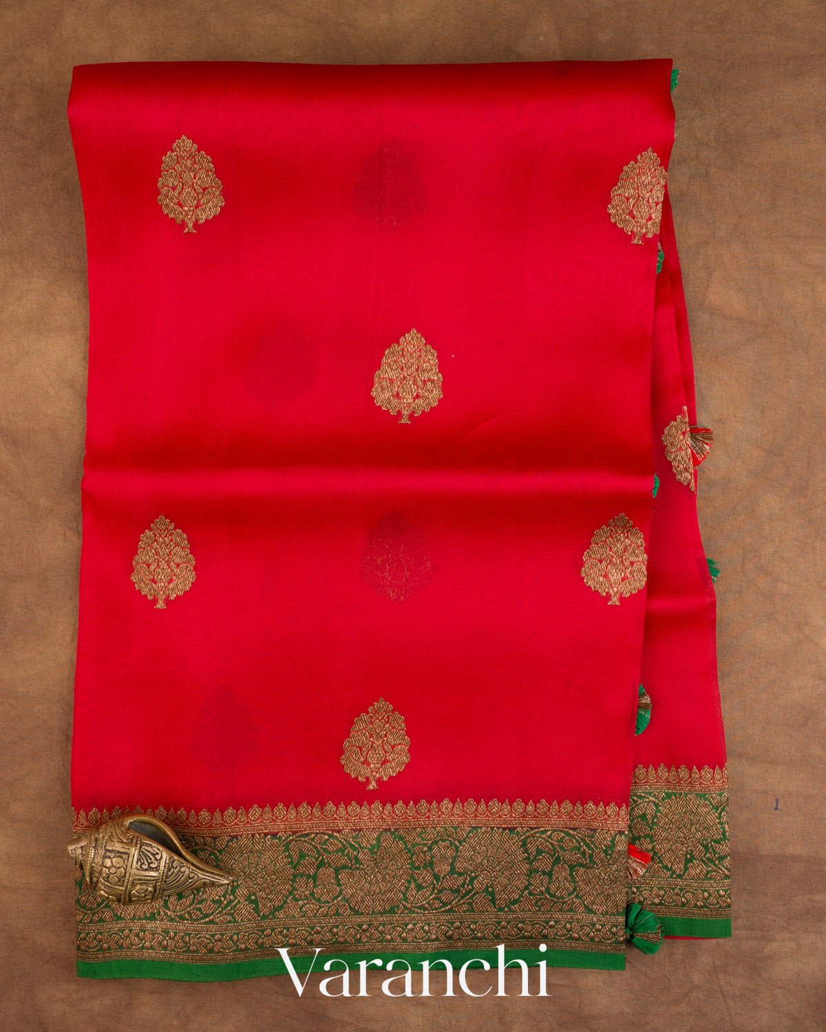 Tulip Red Pure Kora Silk Handloom Saree