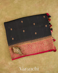 Jet Black Pure Kora Silk Saree