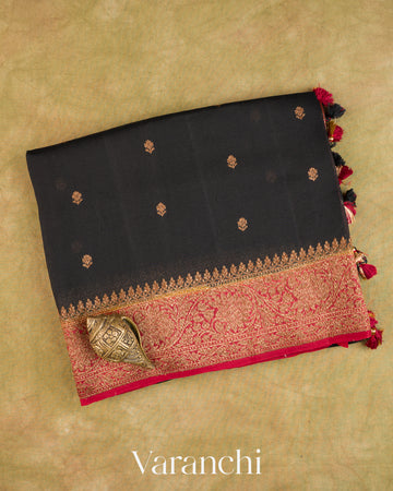 Jet Black Pure Kora Silk Saree