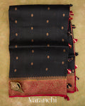 Jet Black Pure Kora Silk Saree