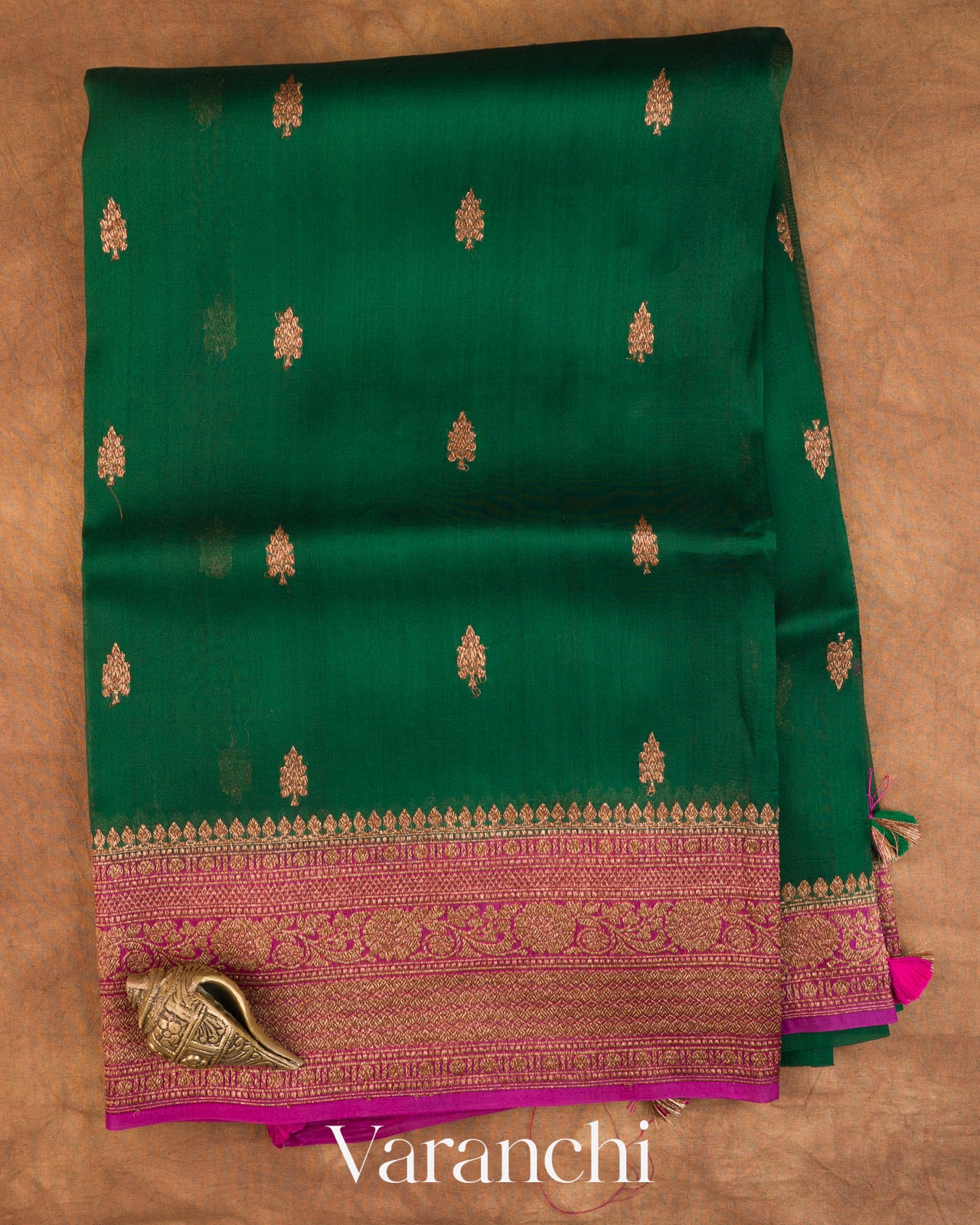 Bottle Green Pure Kora Silk Handloom Saree