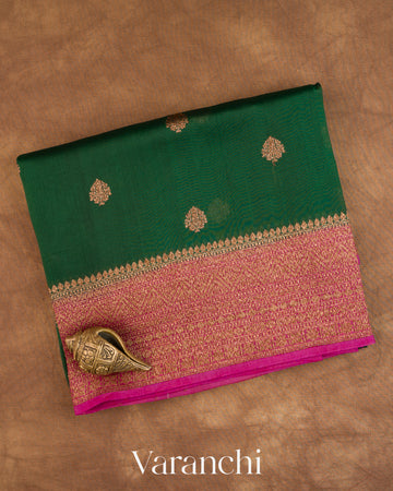 Bottle Green Pure Kora Silk Handloom Saree