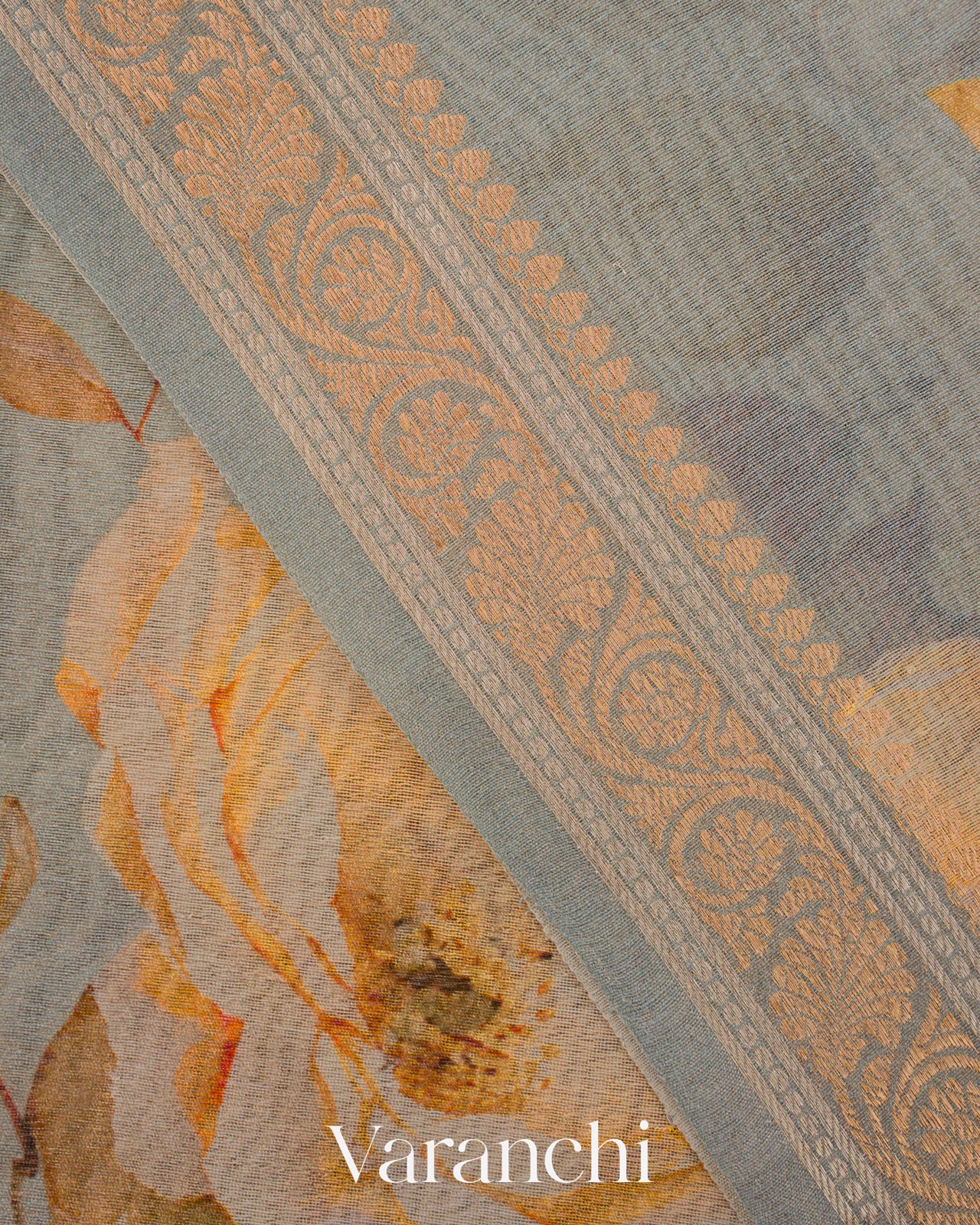 Ash Grey Digital Printed Pure Silk Cotton Tissue Saree