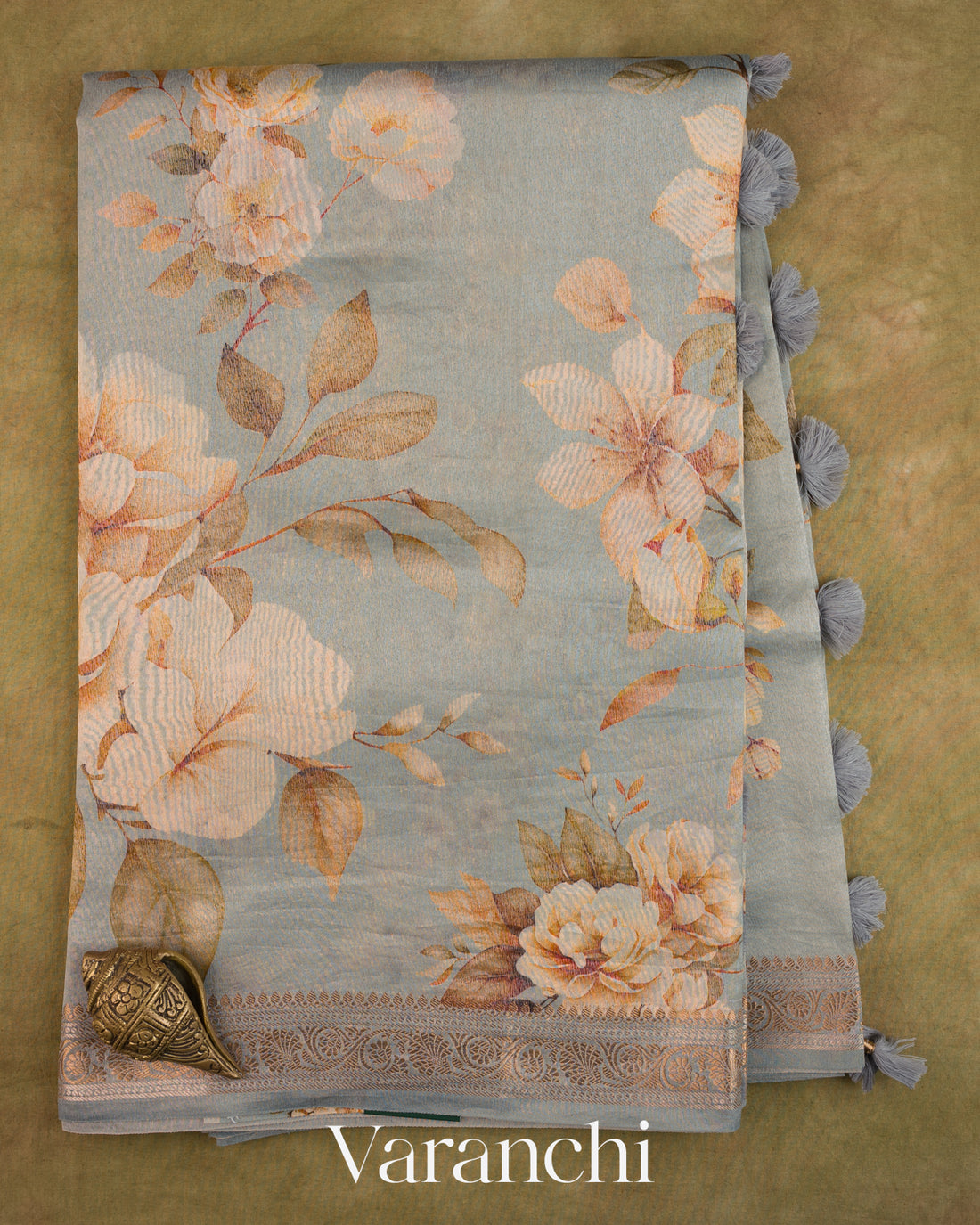 Ash Grey Digital Printed Pure Silk Cotton Tissue Saree