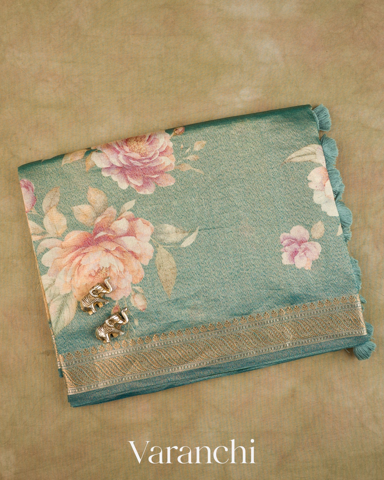 Teal Blue Floral Printed Pure Silk Cotton Saree
