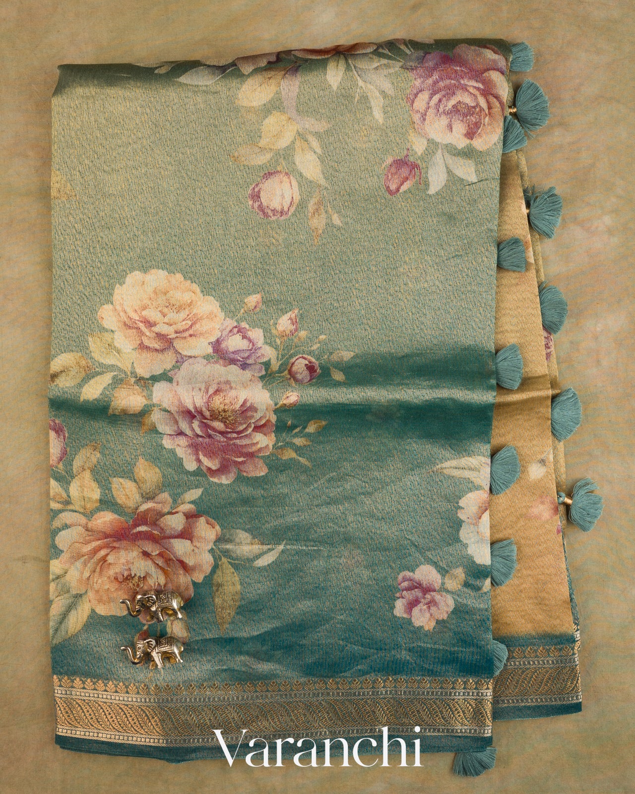 Teal Blue Floral Printed Pure Silk Cotton Saree