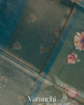 Teal Blue Floral Printed Pure Silk Cotton Saree
