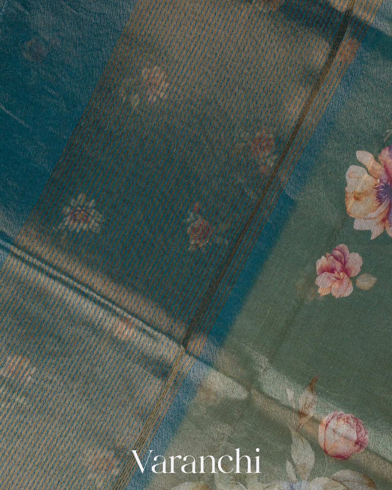 Teal Blue Floral Printed Pure Silk Cotton Saree