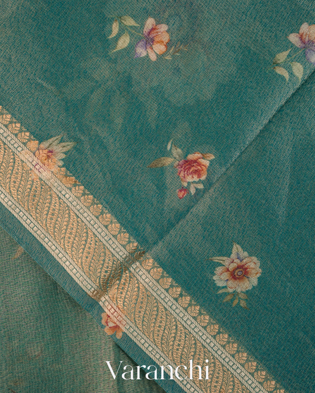 Teal Blue Floral Printed Pure Silk Cotton Saree