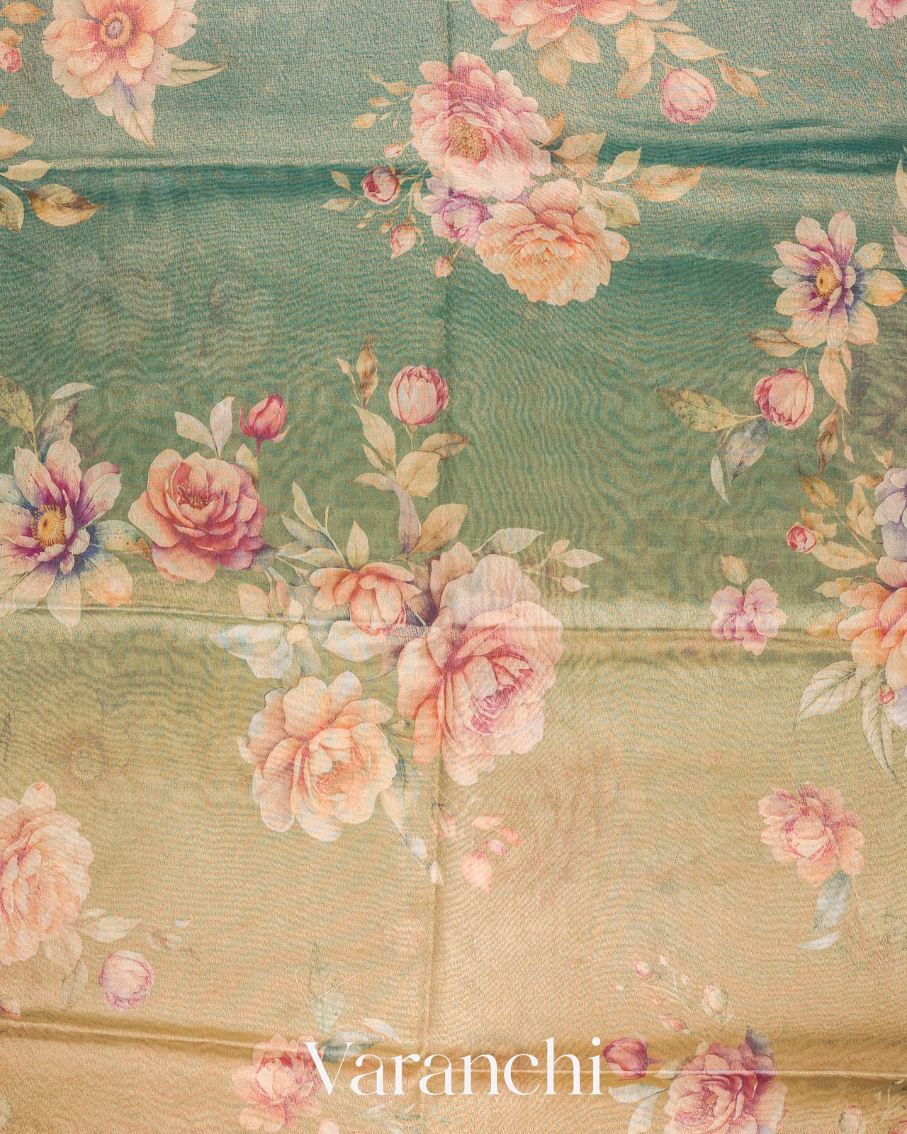 Teal Blue Floral Printed Pure Silk Cotton Saree