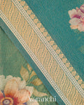 Teal Blue Floral Printed Pure Silk Cotton Saree