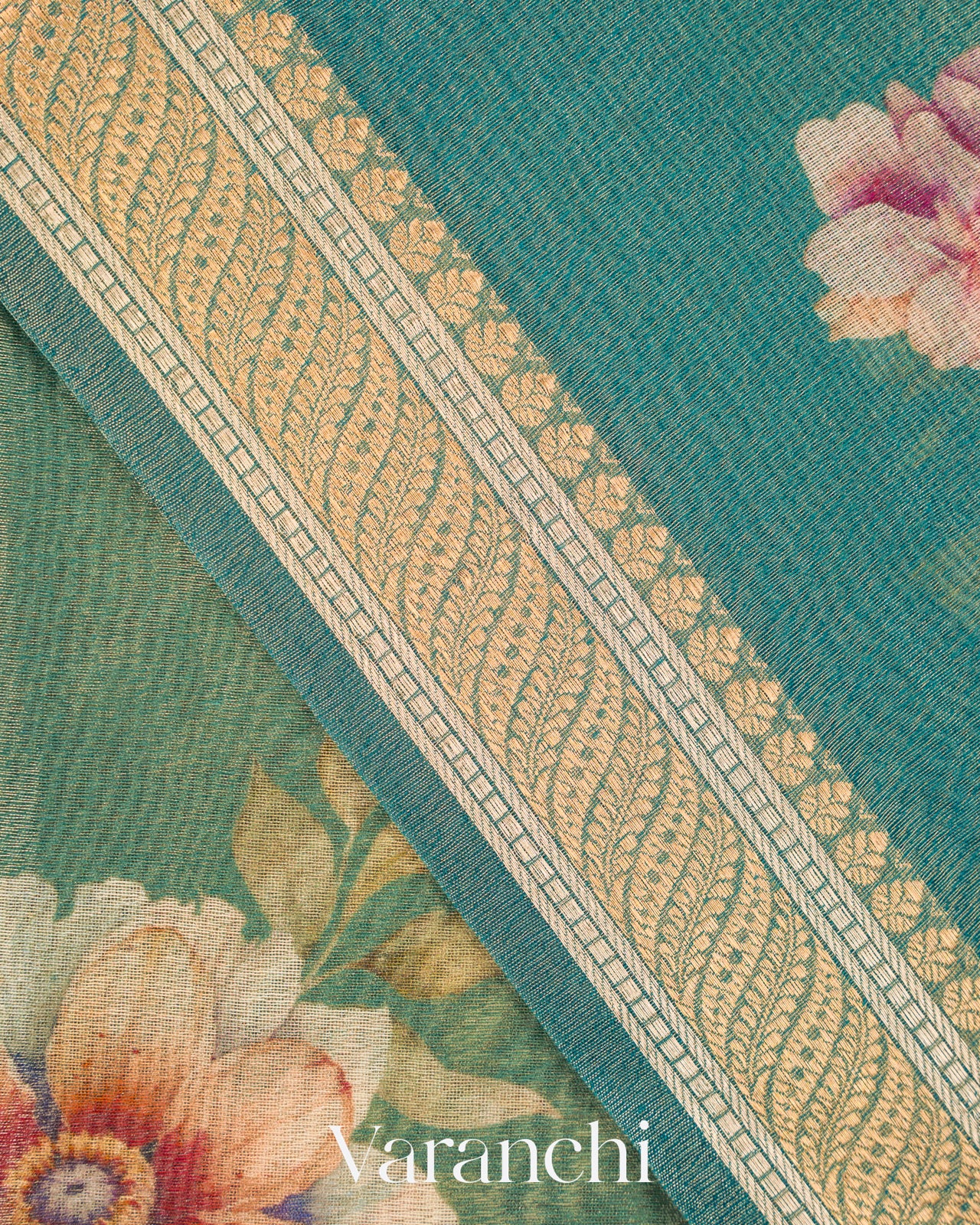 Teal Blue Floral Printed Pure Silk Cotton Saree