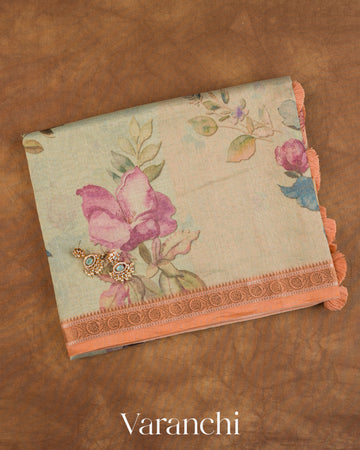 Ivory Digital Floral Printed Pure Silk Cotton Saree