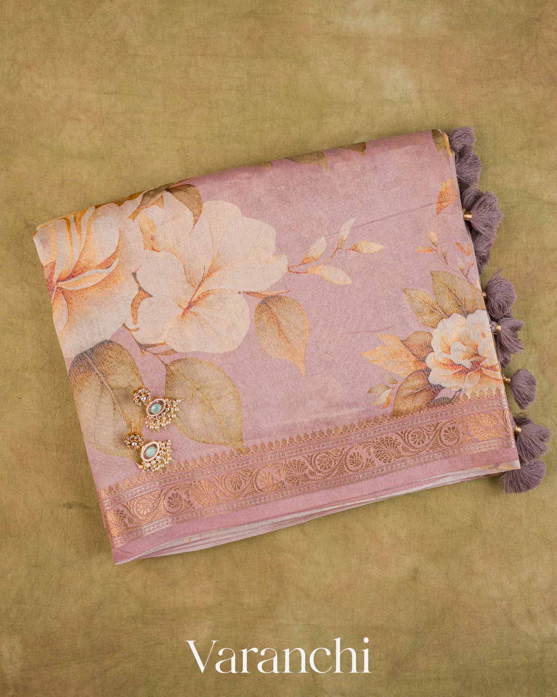 Dusty Rose Digital Floral Printed Pure Silk Cotton Tissue Saree
