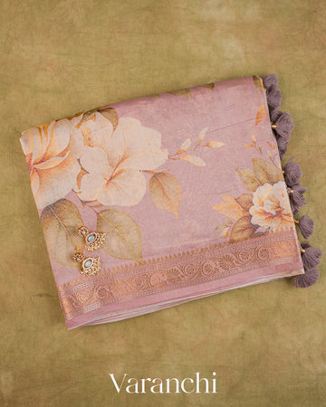 Dusty Rose Digital Floral Printed Pure Silk Cotton Tissue Saree