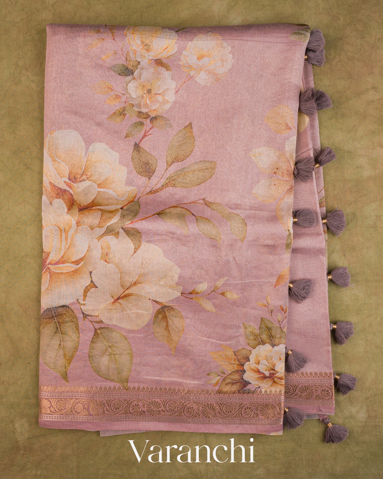 Dusty Rose Digital Floral Printed Pure Silk Cotton Tissue Saree