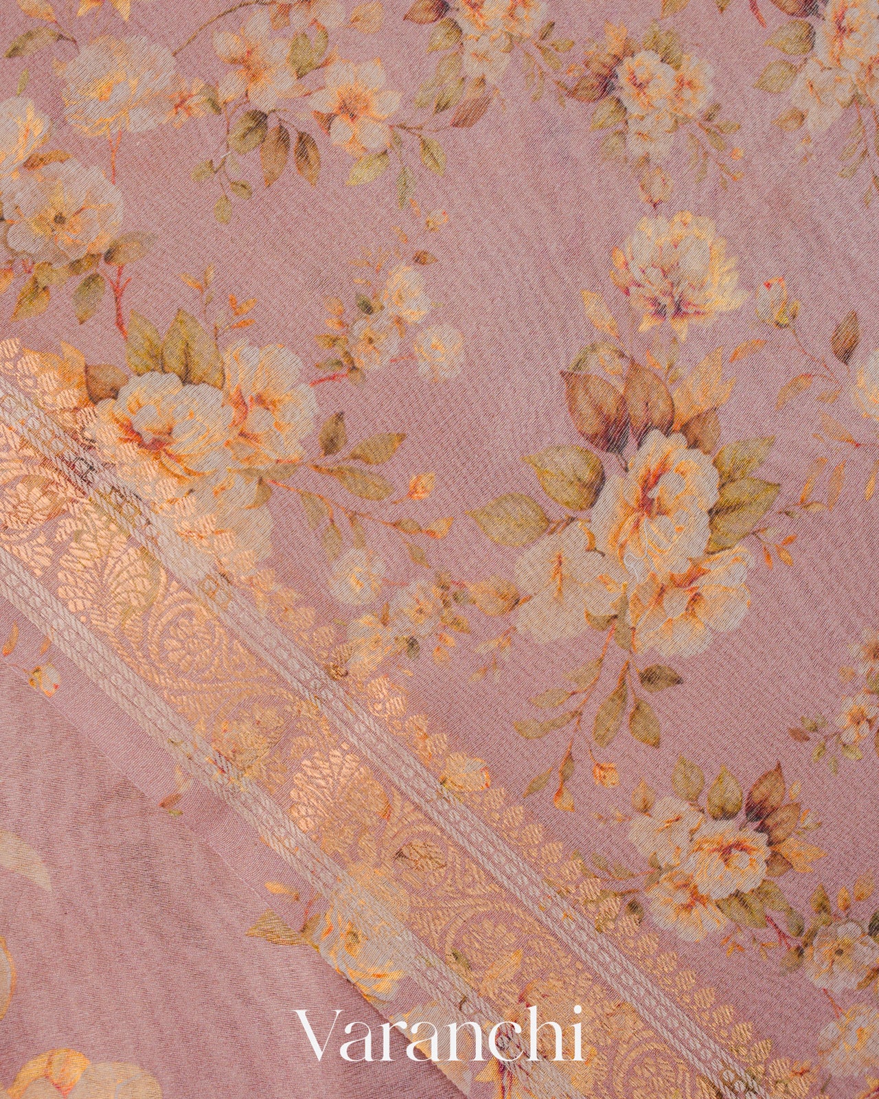 Dusty Rose Digital Floral Printed Pure Silk Cotton Tissue Saree