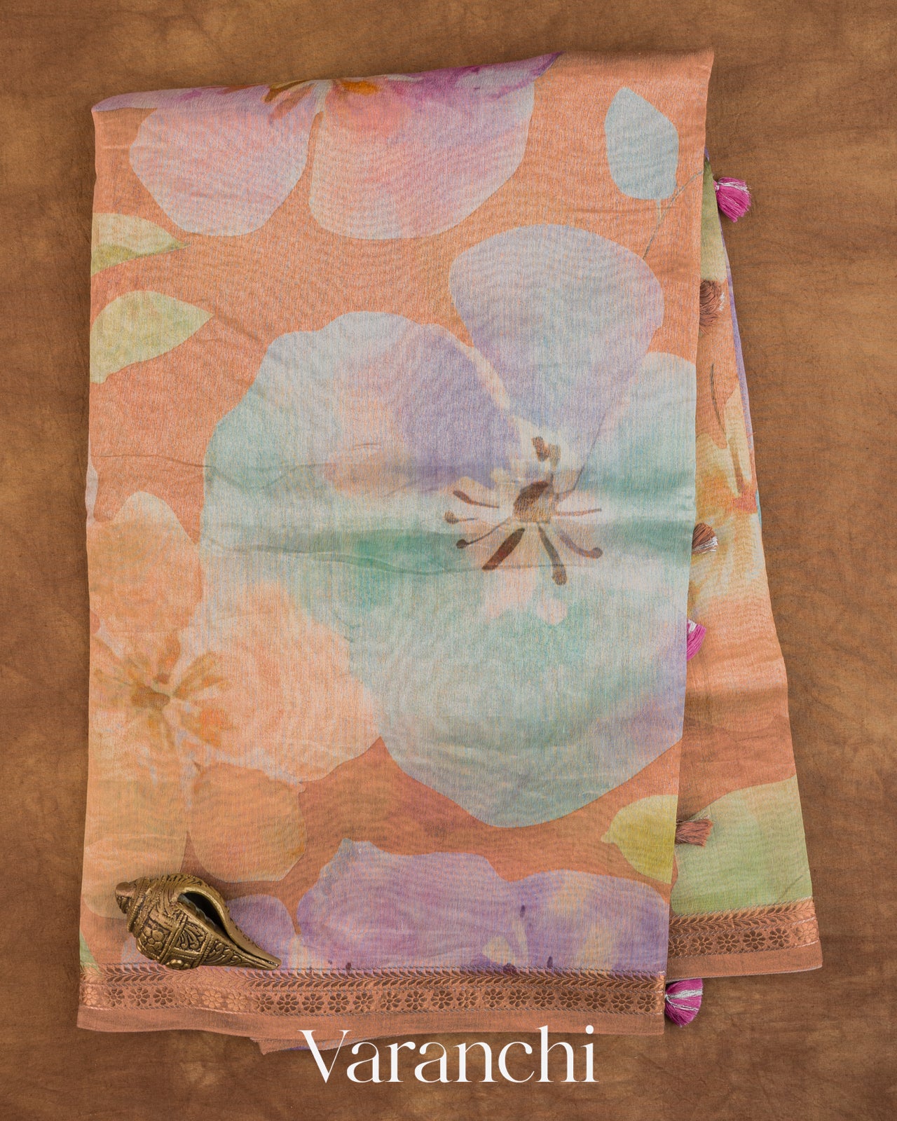Peach Digital Floral Printed Pure Silk Cotton Saree