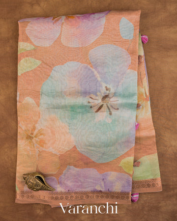 Peach Digital Floral Printed Pure Silk Cotton Saree