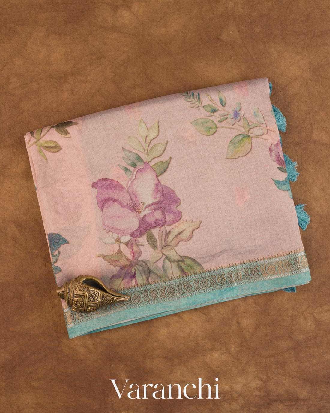 Blush Pink Digital Floral Printed Pure Silk Cotton Tissue Saree