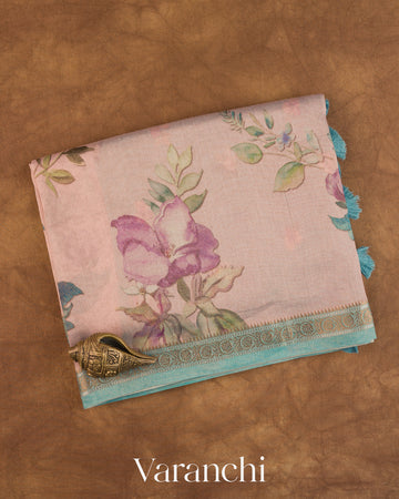 Blush Pink Digital Floral Printed Pure Silk Cotton Tissue Saree