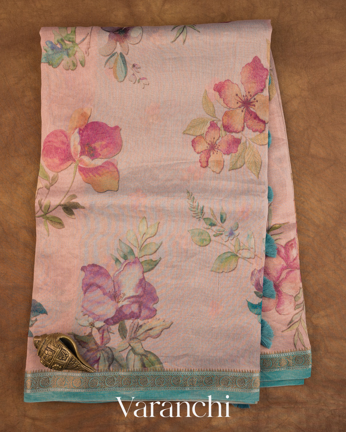 Blush Pink Digital Floral Printed Pure Silk Cotton Tissue Saree