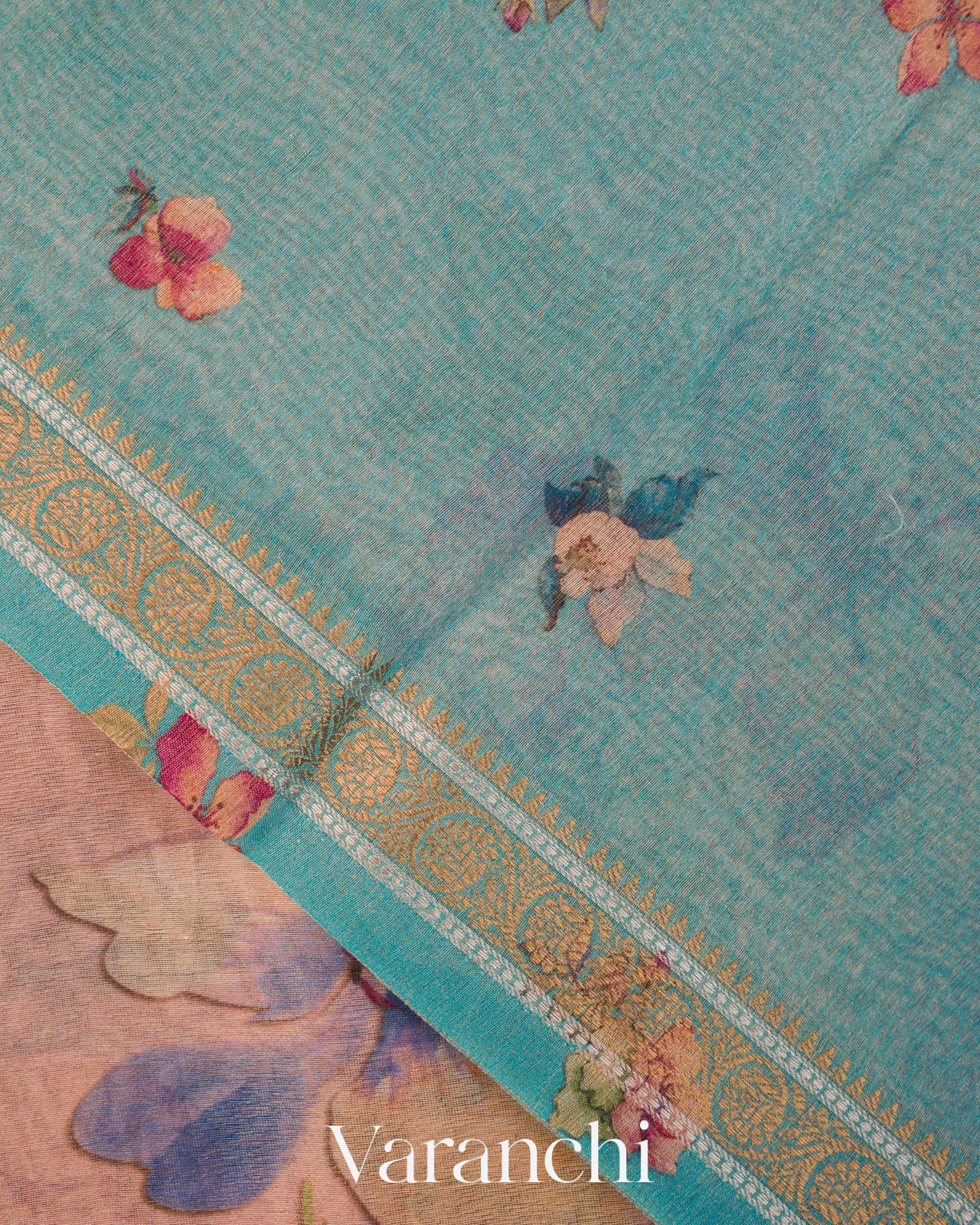 Blush Pink Digital Floral Printed Pure Silk Cotton Tissue Saree